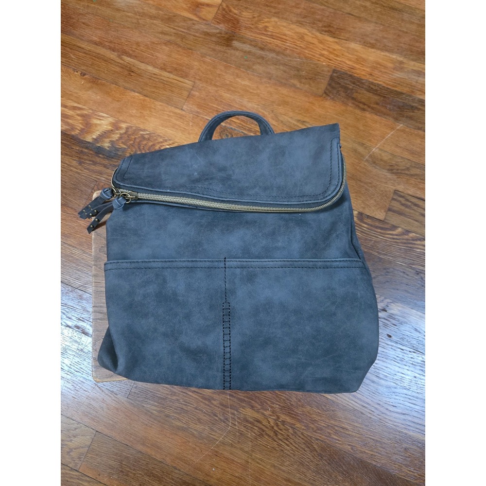 Charcoal Gray Faux Suede Foldover Backpack with Brass Hardware